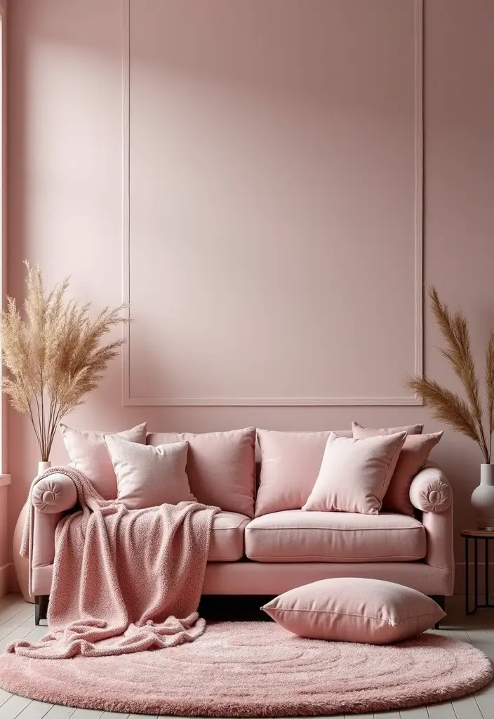 29 Pink Living Room Decor Ideas That Are Playful and Chic - 28. Pink-themed Layered Textures