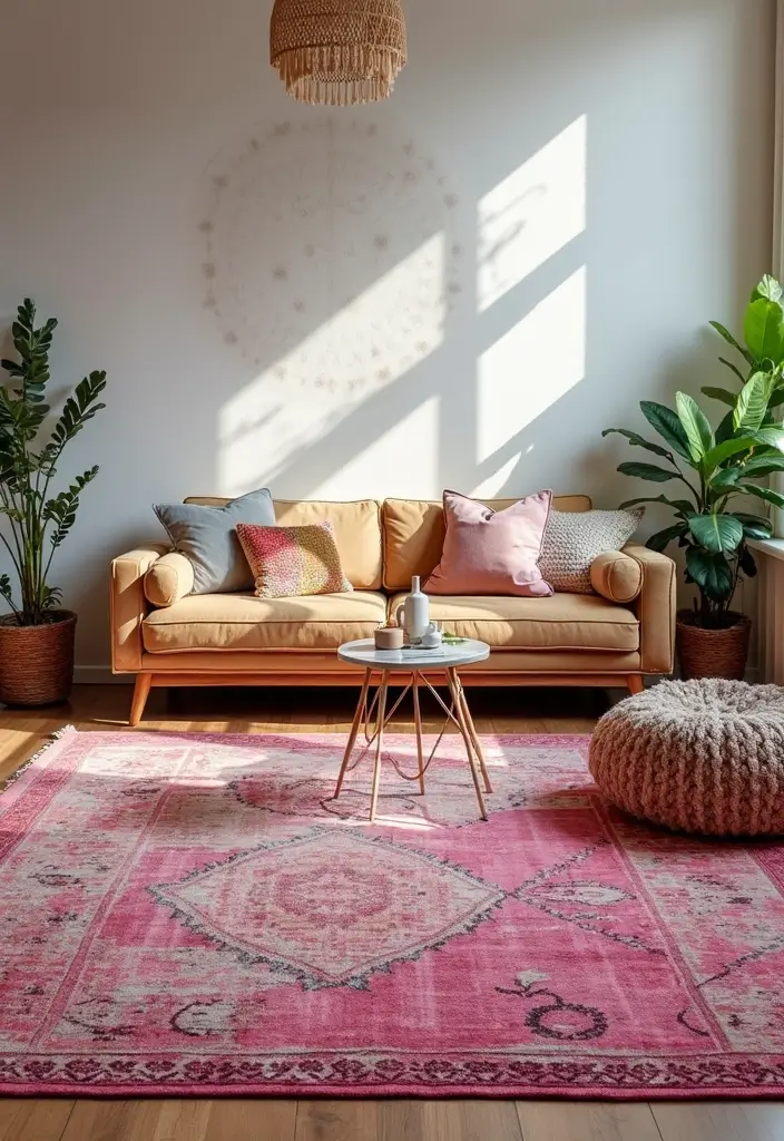 29 Pink Living Room Decor Ideas That Are Playful and Chic - 3. Pink Area Rugs for a Touch of Fun