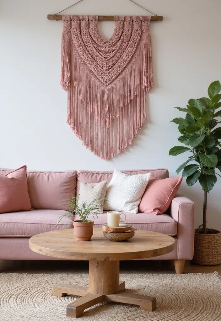 29 Pink Living Room Decor Ideas That Are Playful and Chic - 6. Pink Wall Décor with Macramé