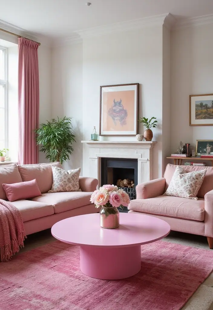 29 Pink Living Room Decor Ideas That Are Playful and Chic - 7. Pink Coffee Table for a Bold Statement
