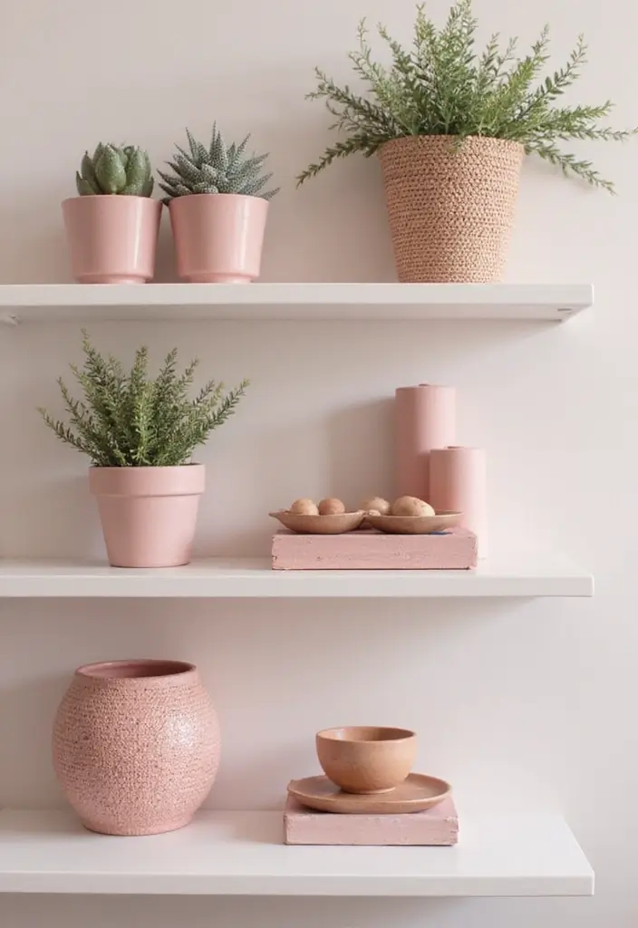 29 Pink Living Room Decor Ideas That Are Playful and Chic - 9. Pink Decorative Accents on Shelves