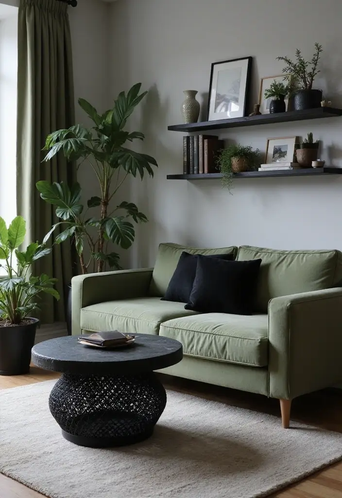 29 Sage Green and Black Living Room Ideas That Look Modern and Moody - 1. Cozy Corner with a Sage Green Sofa