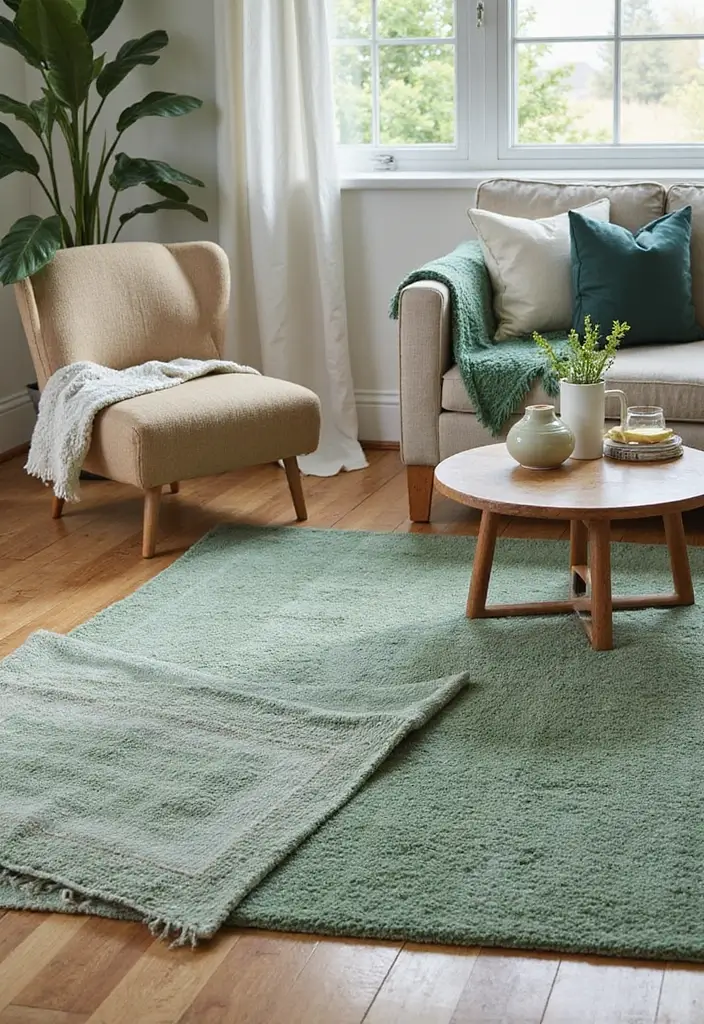 29 Sage Green and Black Living Room Ideas That Look Modern and Moody - 10. Layered Rugs for Comfort