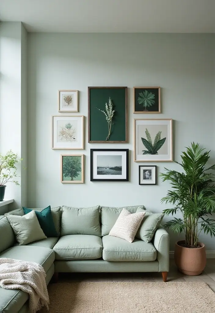29 Sage Green and Black Living Room Ideas That Look Modern and Moody - 11. Dynamic Gallery Wall