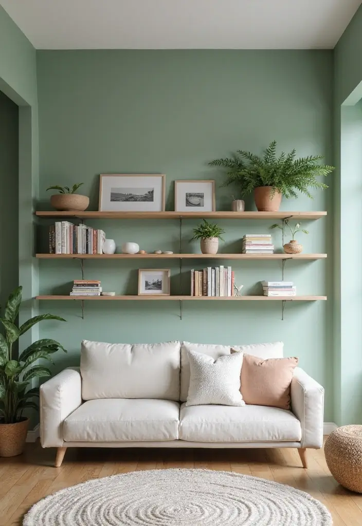 29 Sage Green and Black Living Room Ideas That Look Modern and Moody - 15. Open Shelving for Display