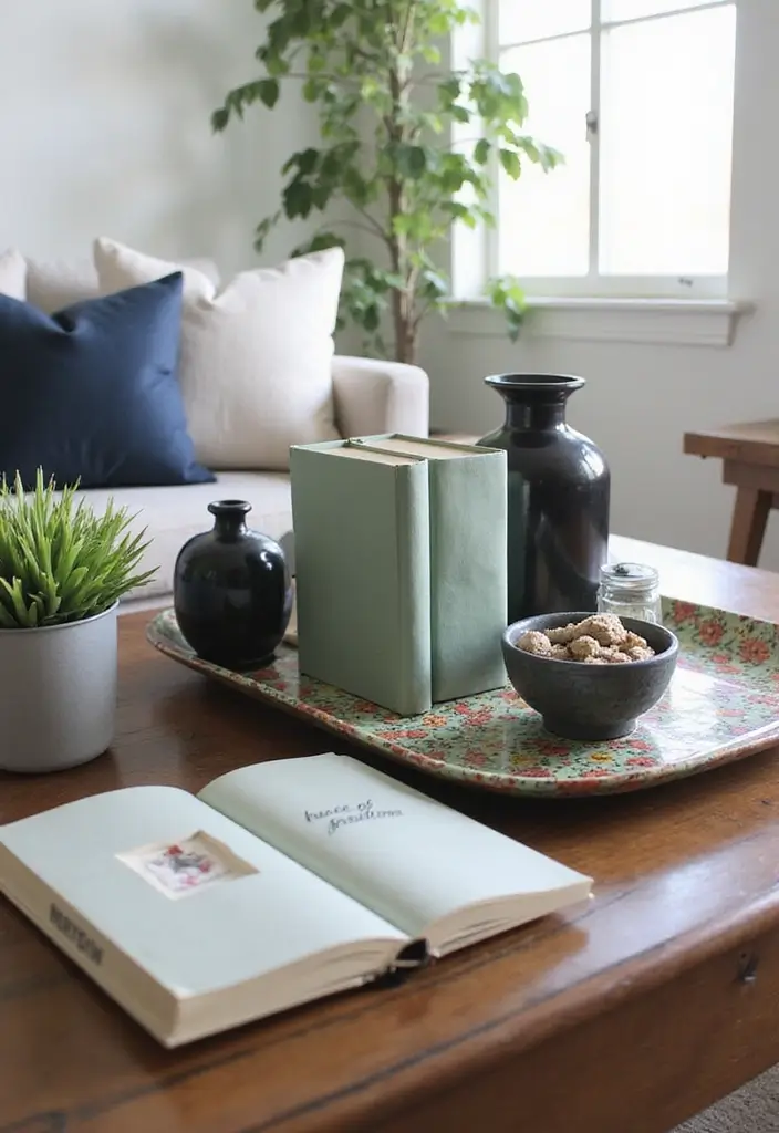 29 Sage Green and Black Living Room Ideas That Look Modern and Moody - 18. Artful Displays on the Coffee Table