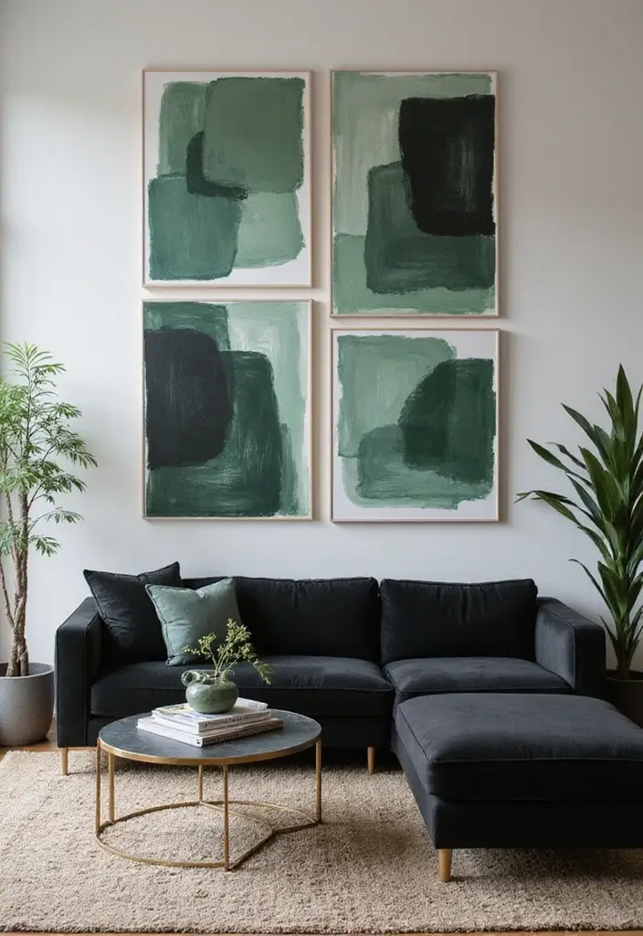 29 Sage Green and Black Living Room Ideas That Look Modern and Moody - 2. Modern Art and Statement Pieces