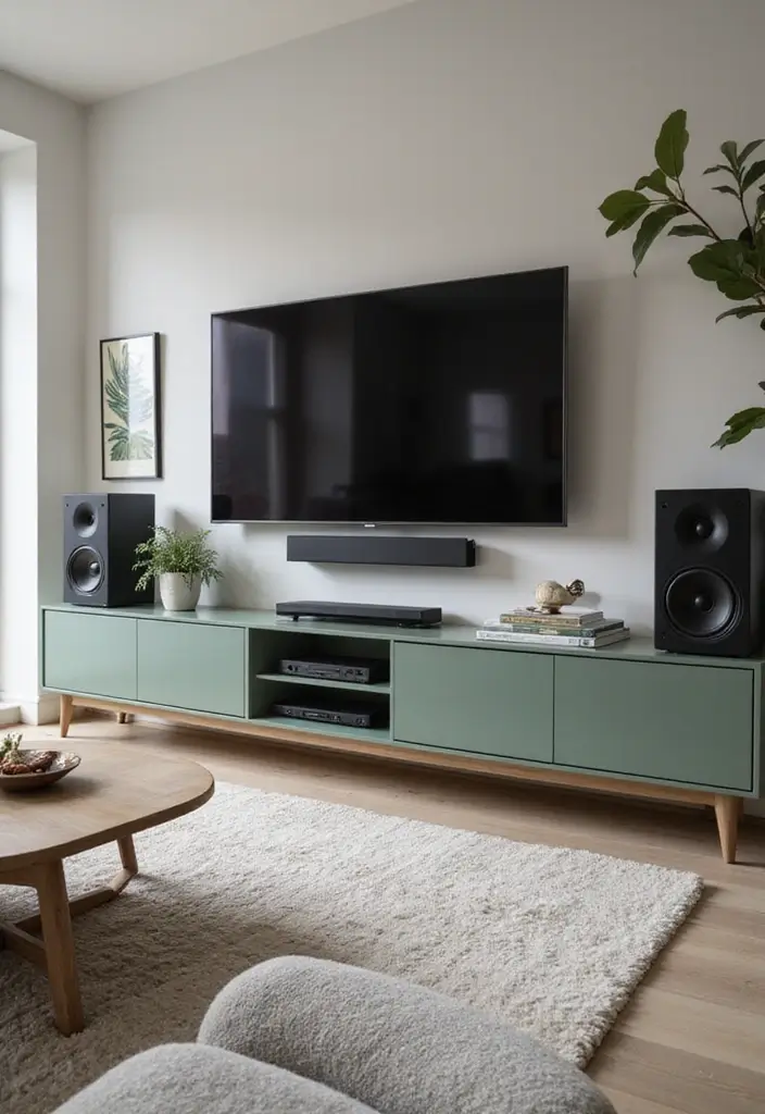 29 Sage Green and Black Living Room Ideas That Look Modern and Moody - 22. Integrated Tech Solutions