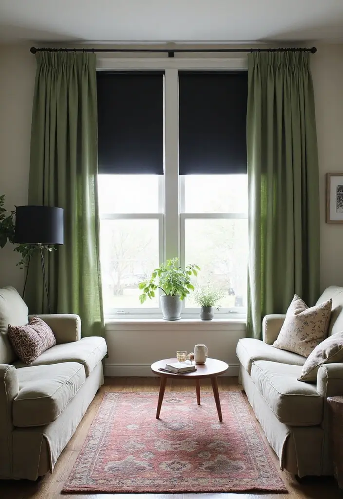 29 Sage Green and Black Living Room Ideas That Look Modern and Moody - 25. Creative Window Treatments