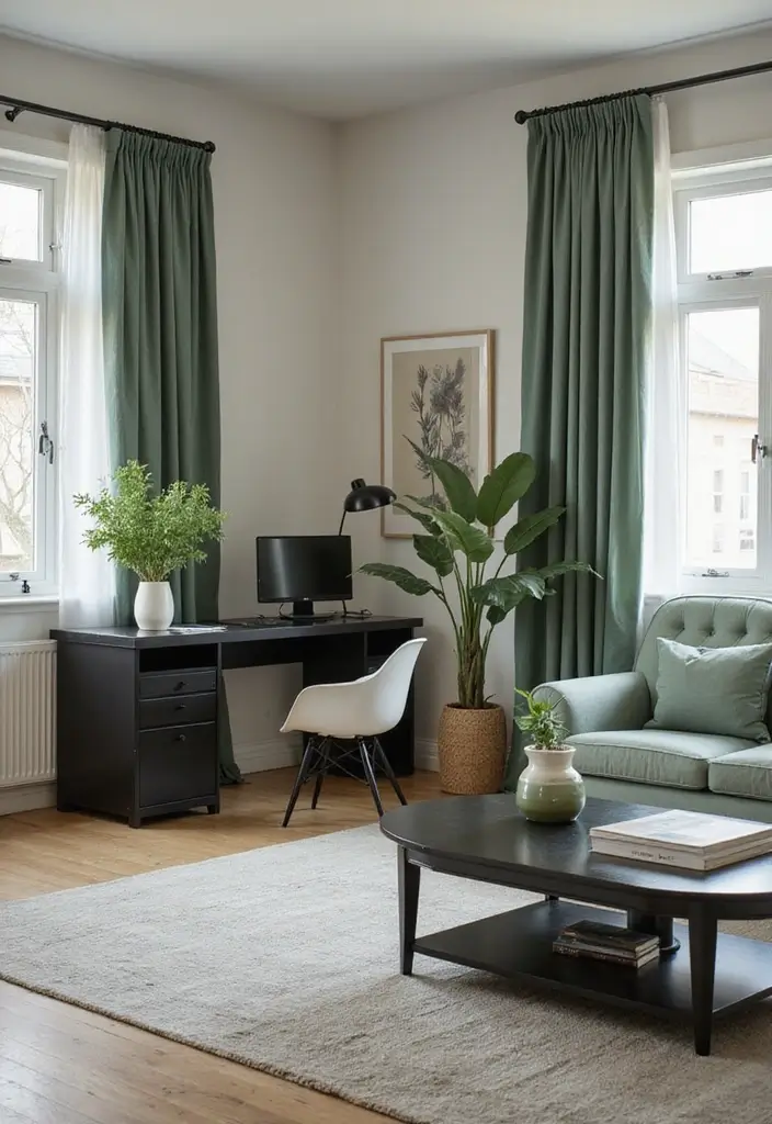 29 Sage Green and Black Living Room Ideas That Look Modern and Moody - 26. Home Office Integration