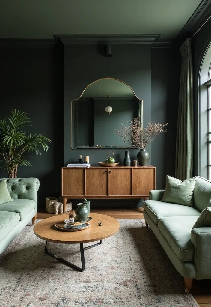 29 Sage Green and Black Living Room Ideas That Look Modern and Moody - 3. Moody Black Walls with Sage Green Accents