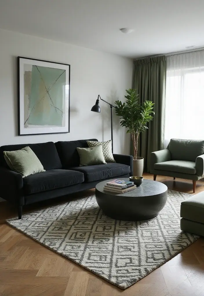 29 Sage Green and Black Living Room Ideas That Look Modern and Moody - 7. Black Furniture with Sage Green Accents