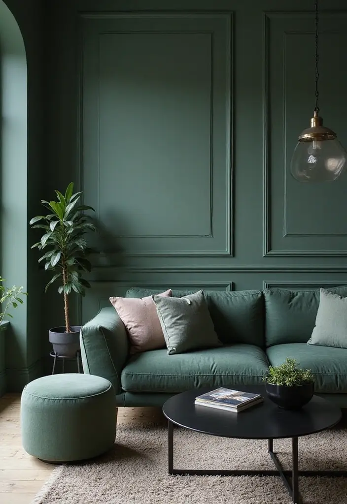 29 Sage Green and Black Living Room Ideas That Look Modern and Moody - 9. Monochromatic Accent Walls