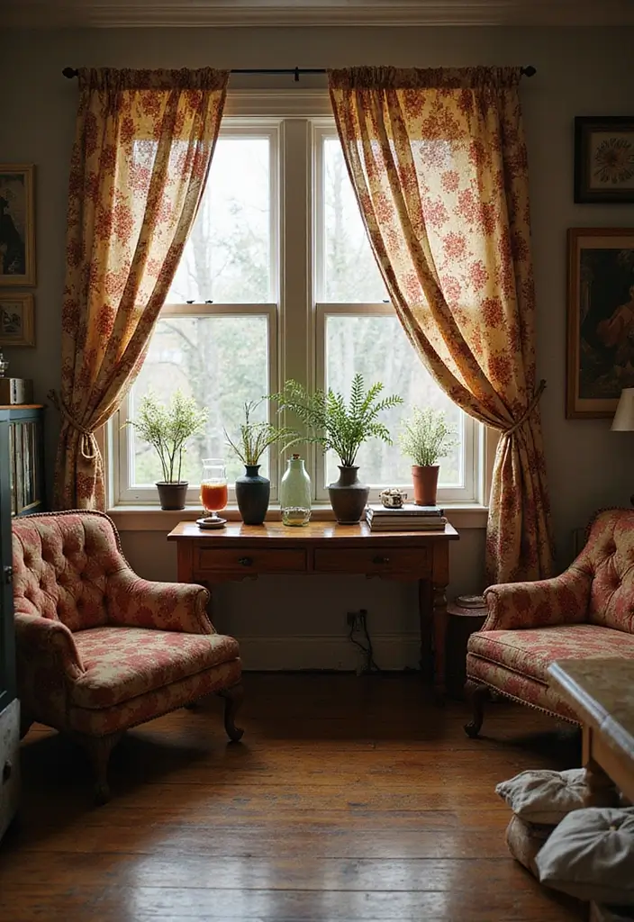 29 Small Window Curtain Ideas Living Room That Add Light and Style - 15. Vintage Prints