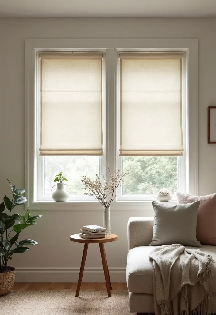 29 Small Window Curtain Ideas Living Room That Add Light and Style - 16. Light Filtering Roman Shades