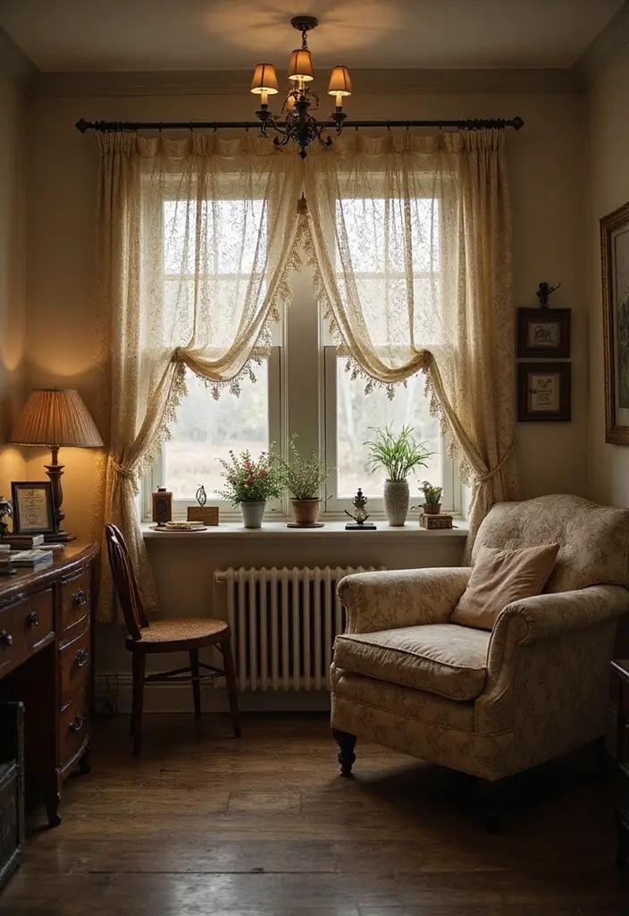 29 Small Window Curtain Ideas Living Room That Add Light and Style - 6. Vintage Lace Curtains