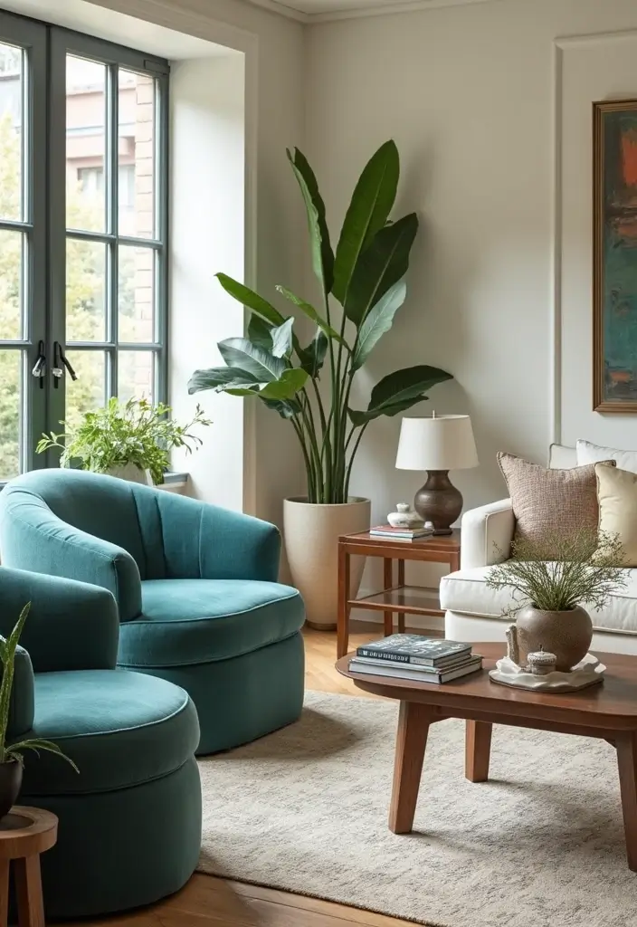 29 Teal and Cream Living Room Ideas That Feel Soft and Elegant - 14. Statement Furniture