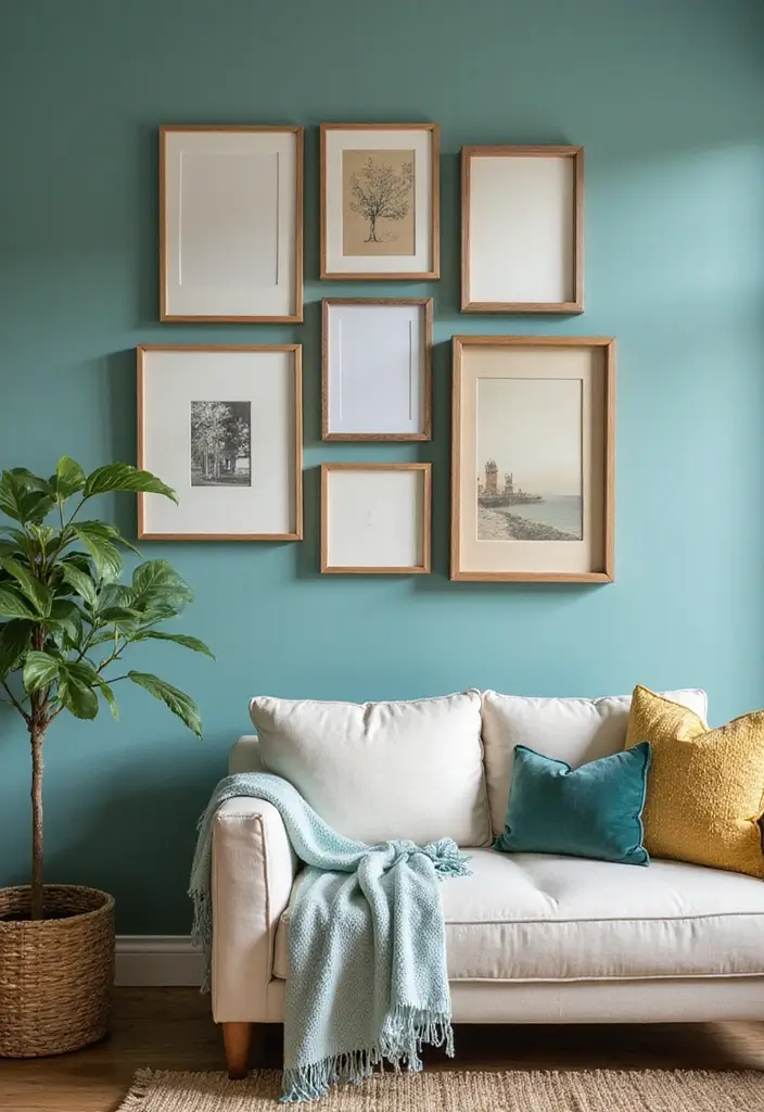 29 Teal and Cream Living Room Ideas That Feel Soft and Elegant - 16. Eclectic Gallery Wall