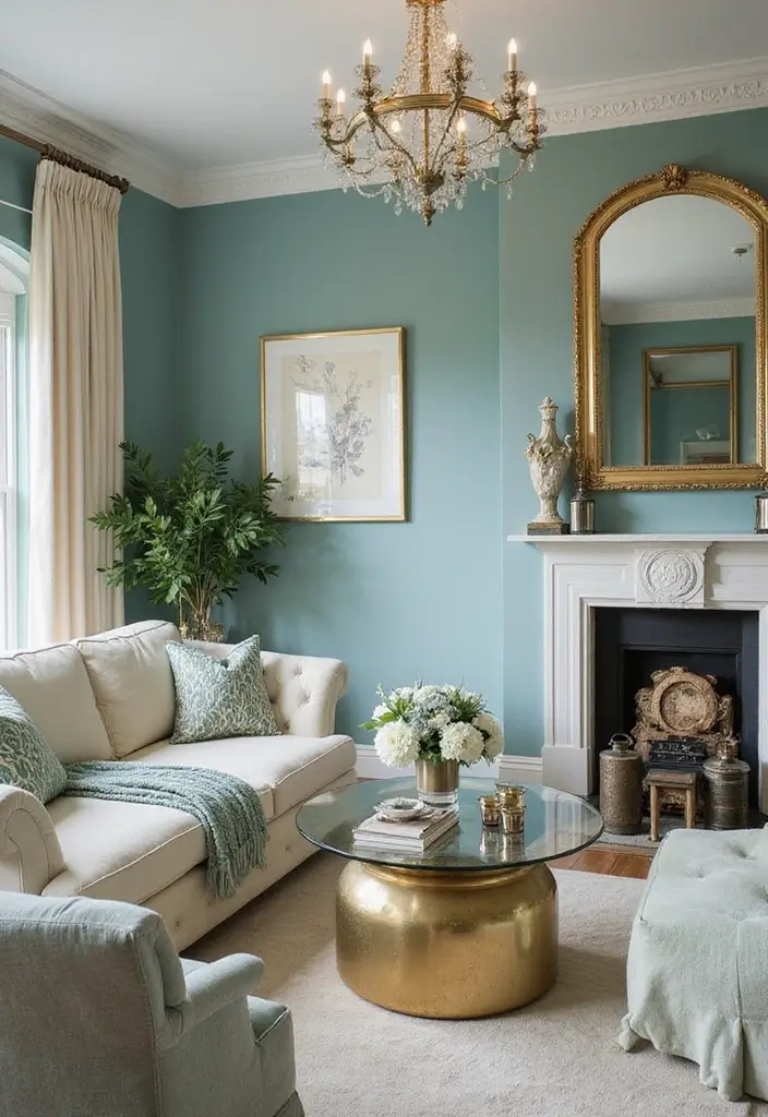 29 Teal and Cream Living Room Ideas That Feel Soft and Elegant - 21. Soft Glamour