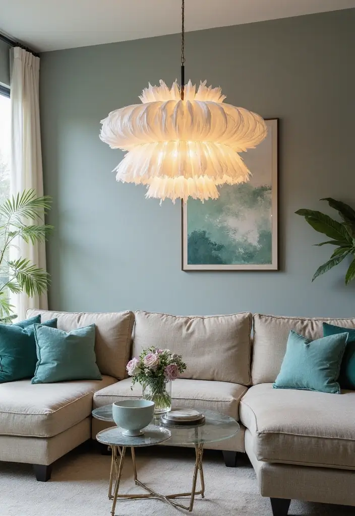 29 Teal and Cream Living Room Ideas That Feel Soft and Elegant - 24. Statement Lighting
