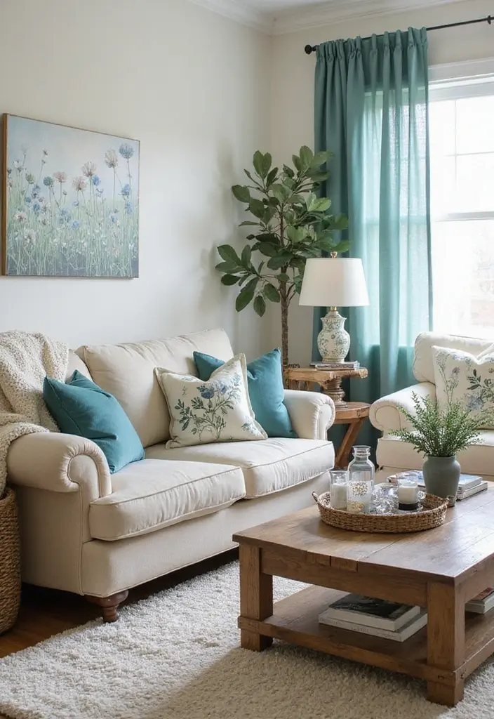29 Teal and Cream Living Room Ideas That Feel Soft and Elegant - 26. Seasonal Decor Changes