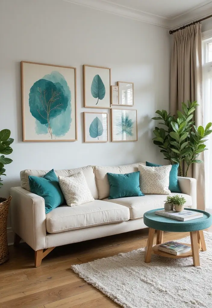29 Teal and Cream Living Room Ideas That Feel Soft and Elegant - 27. Artistic Accessories