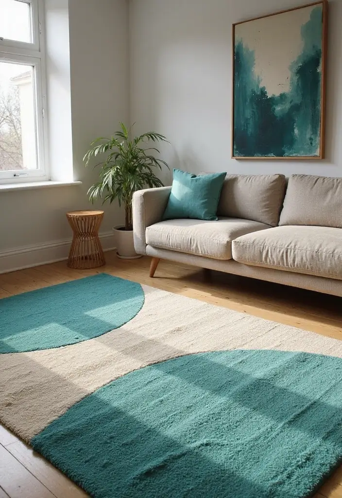 29 Teal and Cream Living Room Ideas That Feel Soft and Elegant - 28. Artistic Rugs