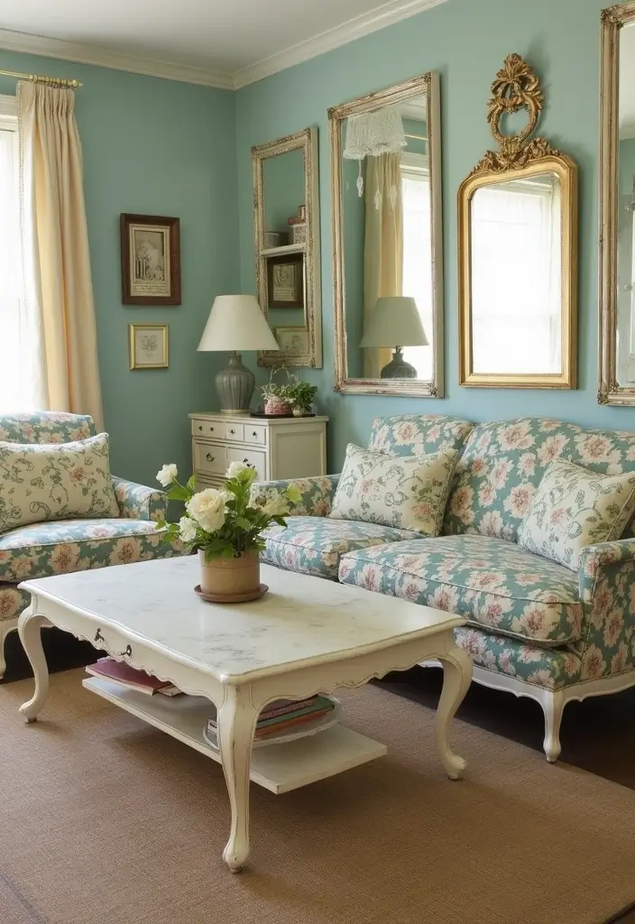 29 Teal and Cream Living Room Ideas That Feel Soft and Elegant - 3. Vintage Touches