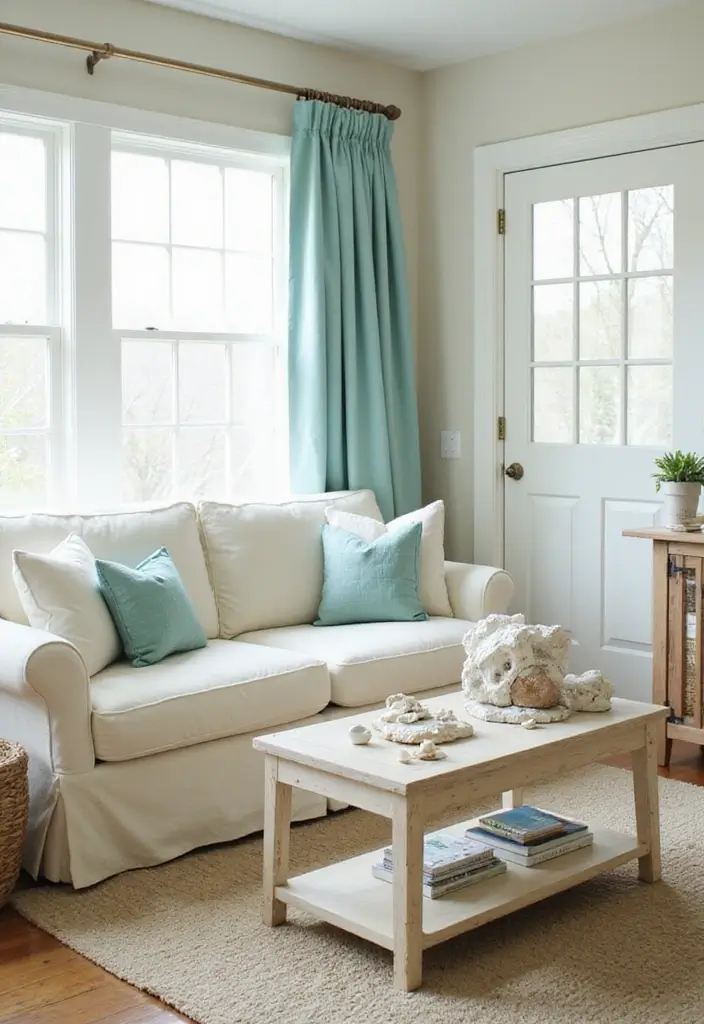 29 Teal and Cream Living Room Ideas That Feel Soft and Elegant - 5. Soft Coastal Accents