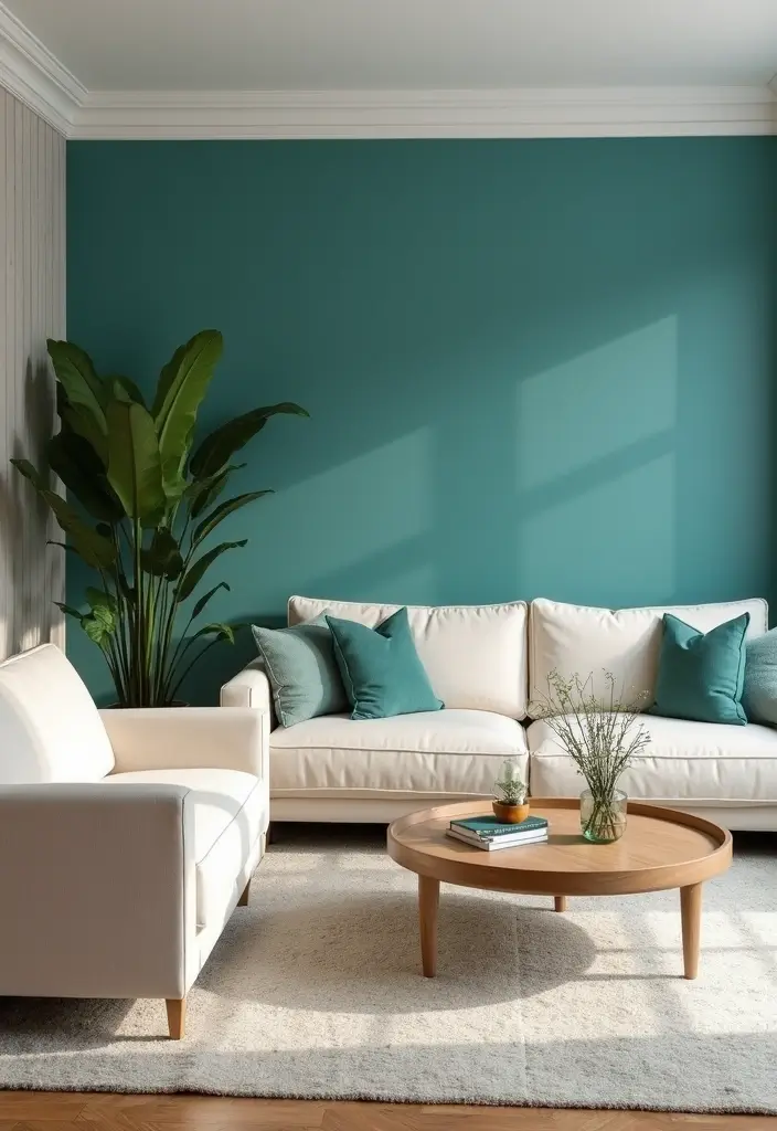 29 Teal and Cream Living Room Ideas That Feel Soft and Elegant - 6. Bold Teal Accent Walls