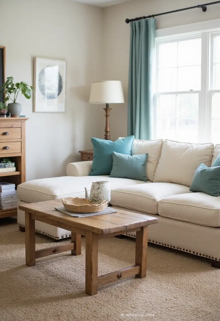 29 Teal and Cream Living Room Ideas That Feel Soft and Elegant - 7. Farmhouse Charm