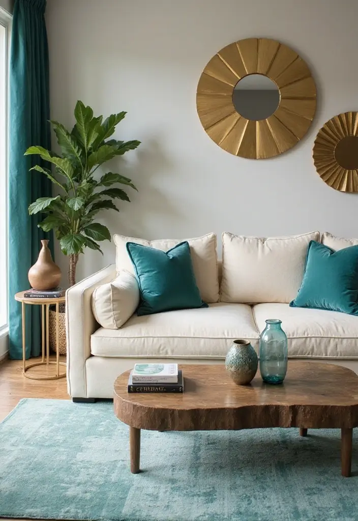 29 Teal and Cream Living Room Ideas That Feel Soft and Elegant - 8. Art Deco Flair