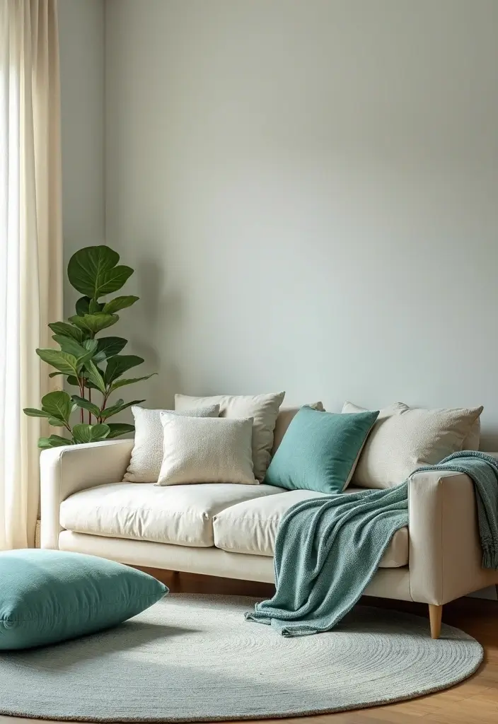 29 Teal and Cream Living Room Ideas That Feel Soft and Elegant - 9. Soft Textiles