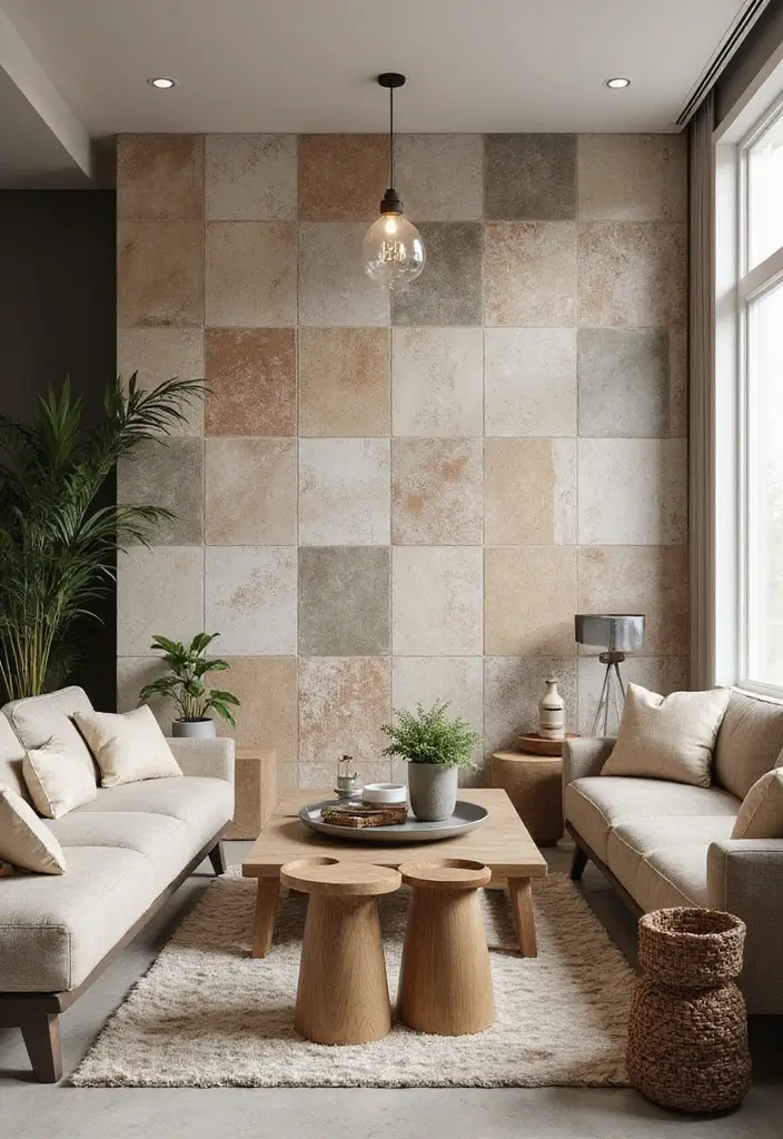 29 Tile Wall Living Room Ideas That Add Texture and Interest - 16. Ceramic Tiles for Versatile Decor
