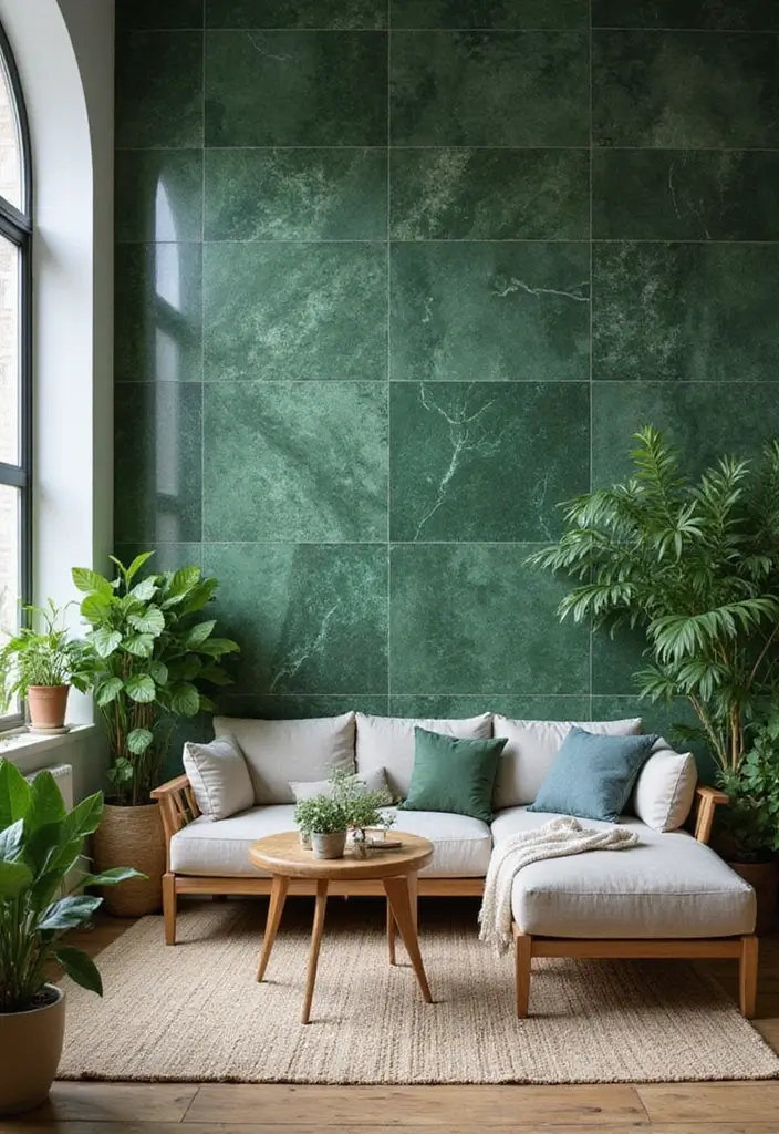 29 Tile Wall Living Room Ideas That Add Texture and Interest - 18. Biophilic Designs with Green Tiles