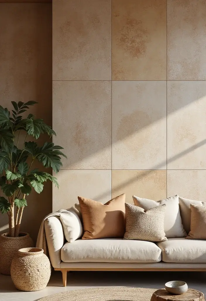 29 Tile Wall Living Room Ideas That Add Texture and Interest - 20. Textured Tiles with Natural Finishes