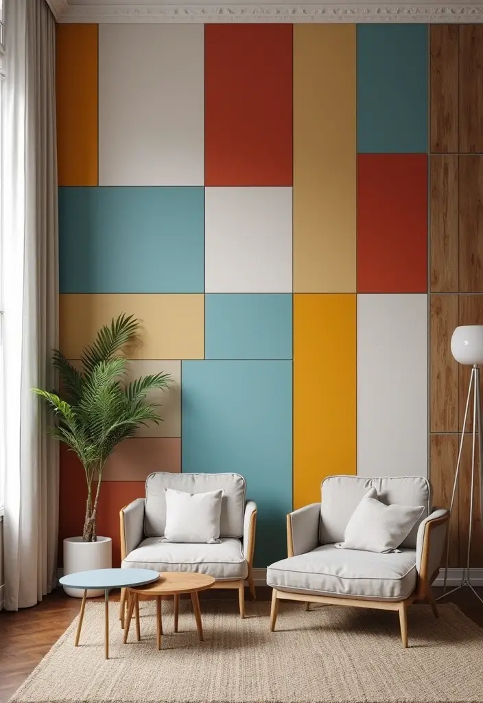 29 Tile Wall Living Room Ideas That Add Texture and Interest - 21. Color Blocking with Tiles