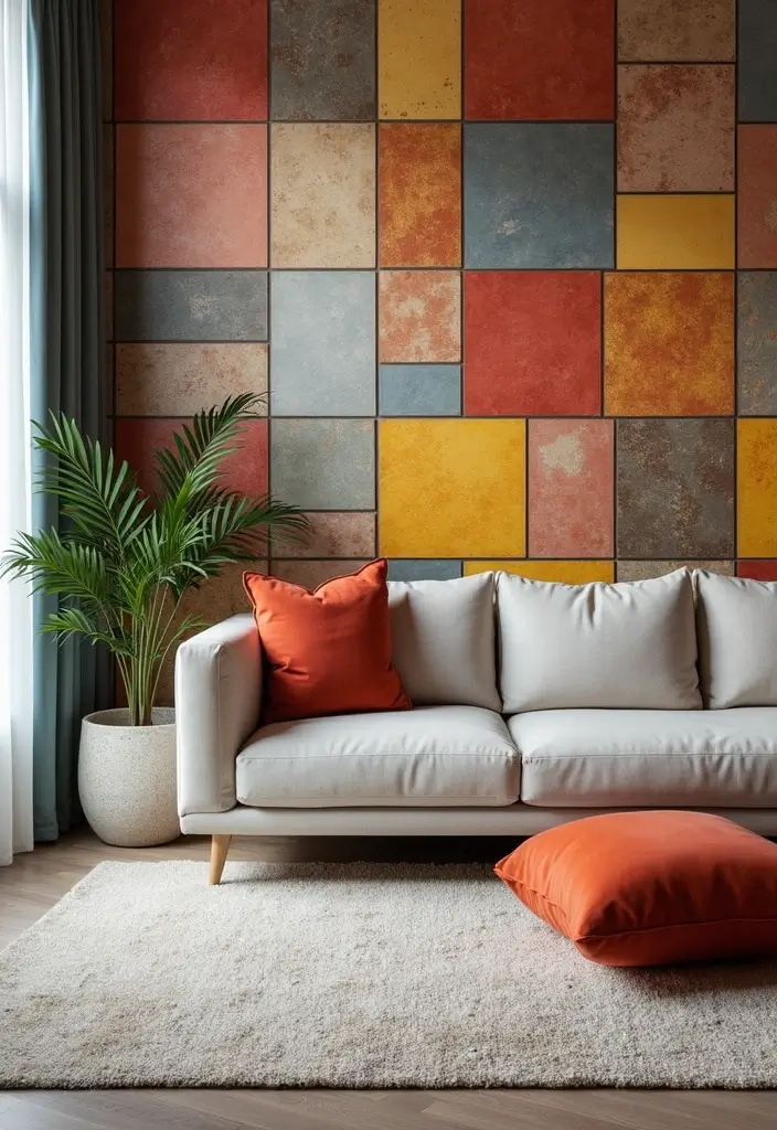29 Tile Wall Living Room Ideas That Add Texture and Interest - 23. Artistic Tile Arrangements