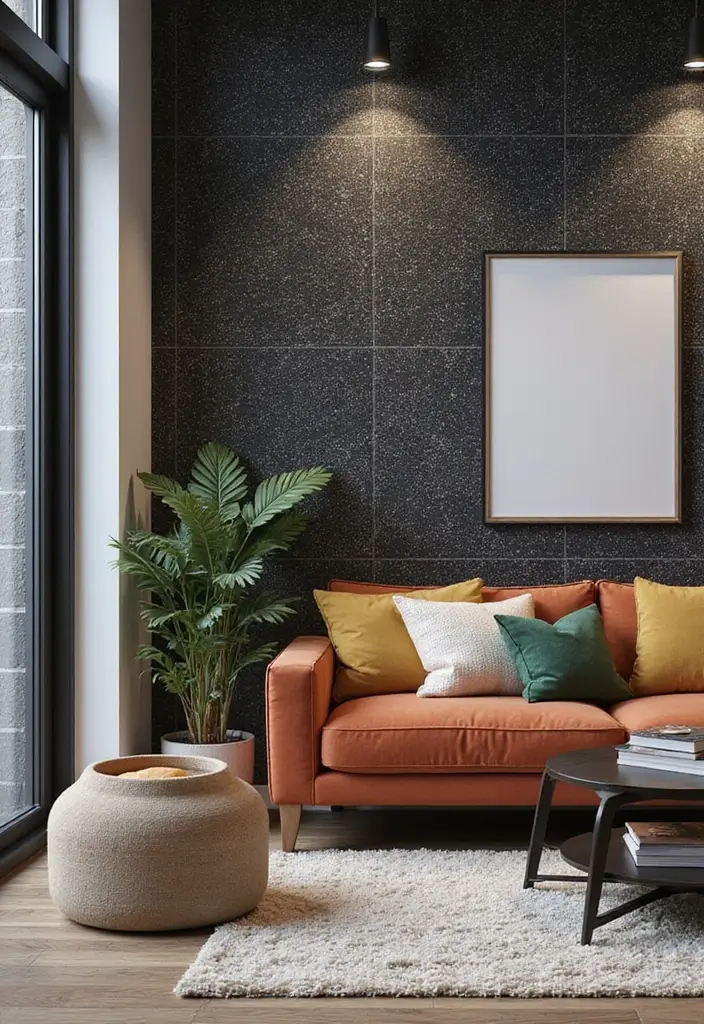 29 Tile Wall Living Room Ideas That Add Texture and Interest - 24. Textured Black and White Tiles for Modern Contrast