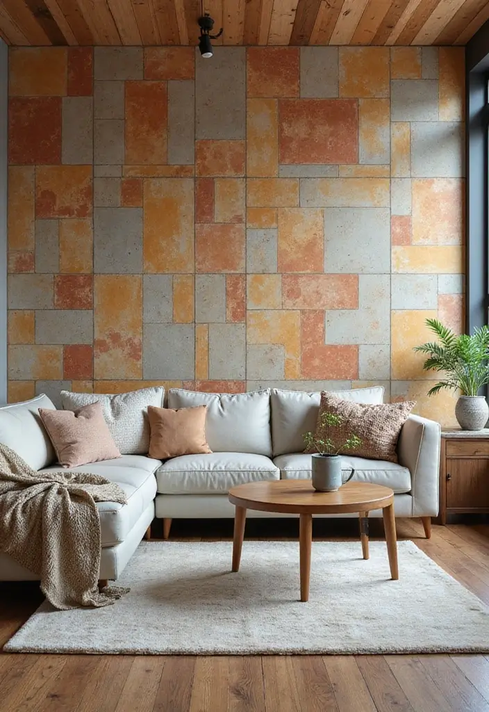 29 Tile Wall Living Room Ideas That Add Texture and Interest - 25. Warm and Cool Tone Combinations