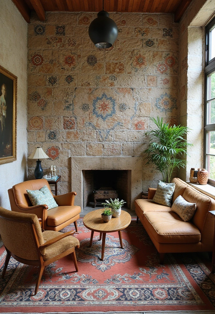 29 Tile Wall Living Room Ideas That Add Texture and Interest - 29. Vintage Patterned Tiles for Character