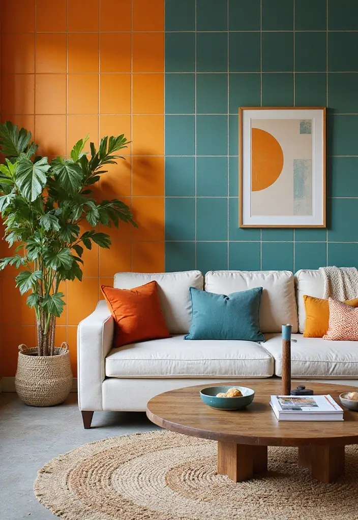 29 Tile Wall Living Room Ideas That Add Texture and Interest - 8. Bold Colored Tiles for Vibrancy