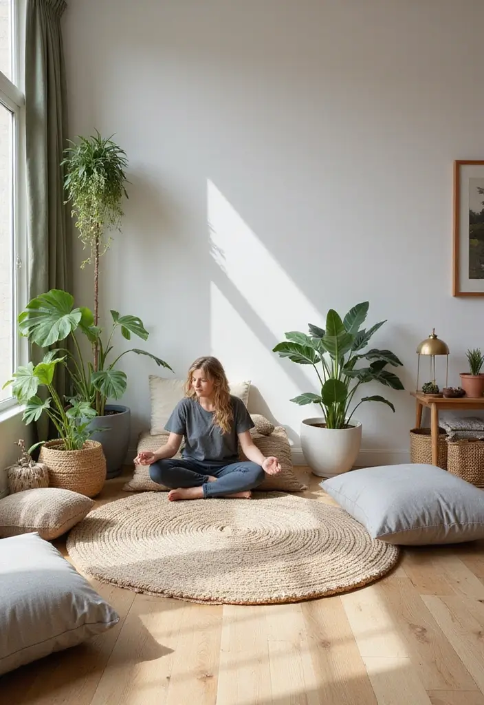 29 Yoga Living Room Ideas That Feel Serene and Peaceful - 13. Create a Meditation Nook