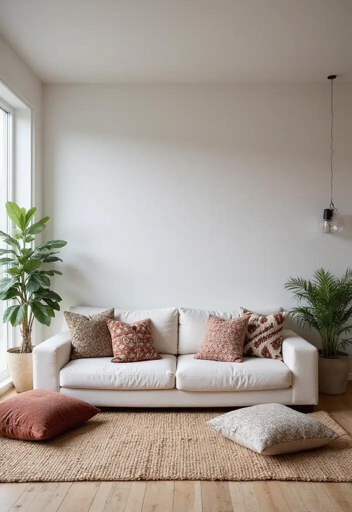 29 Yoga Living Room Ideas That Feel Serene and Peaceful - 18. Balance of Patterns