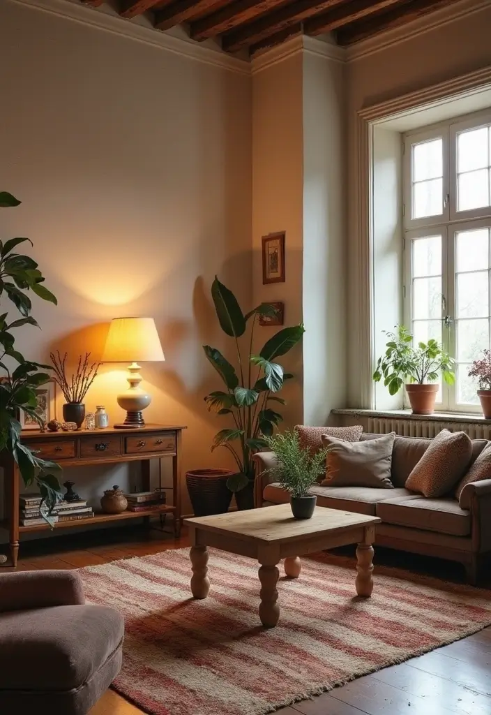 29 Yoga Living Room Ideas That Feel Serene and Peaceful - 21. Vintage Accents