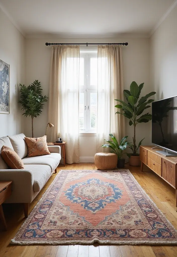 29 Yoga Living Room Ideas That Feel Serene and Peaceful - 23. Statement Rugs