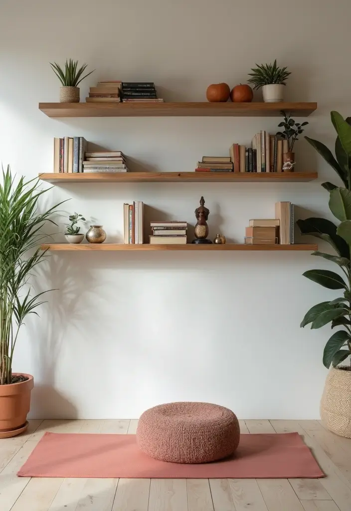 29 Yoga Living Room Ideas That Feel Serene and Peaceful - 25. Open Shelving