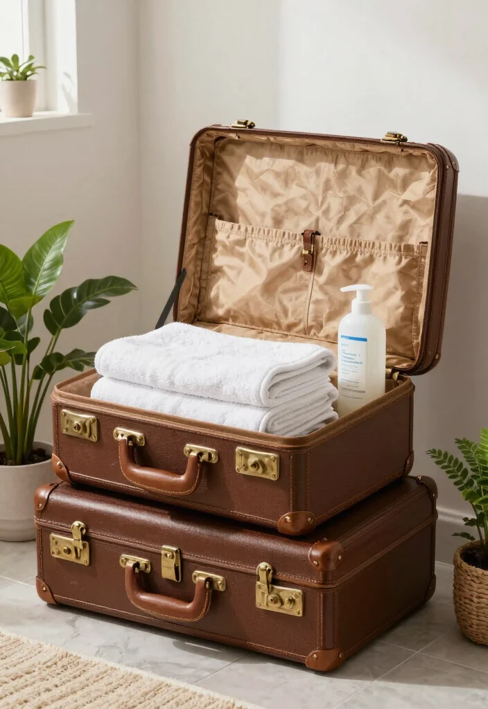 14 Bathroom Clothes Hanging Ideas For Easy Organization - 8. Repurposed Vintage Suitcases 1