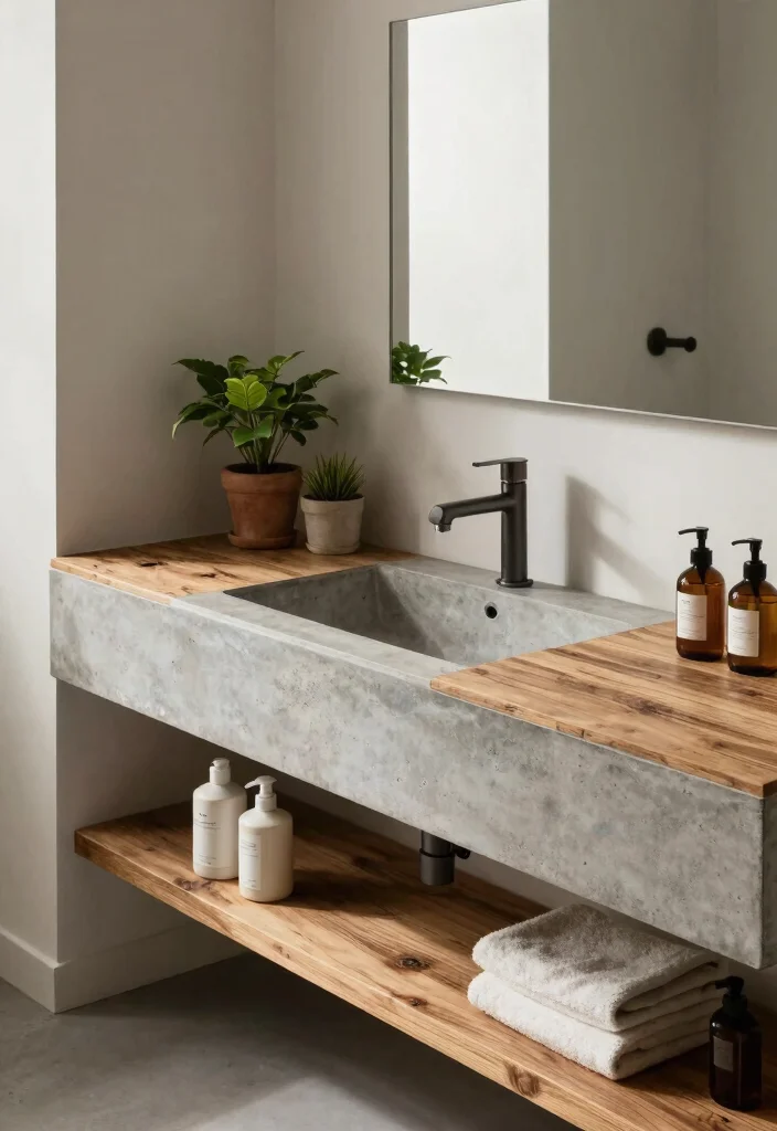 14 Concrete Bathroom Vanity Ideas With Industrial Style - 1. Sleek Concrete and Wood Combination 1