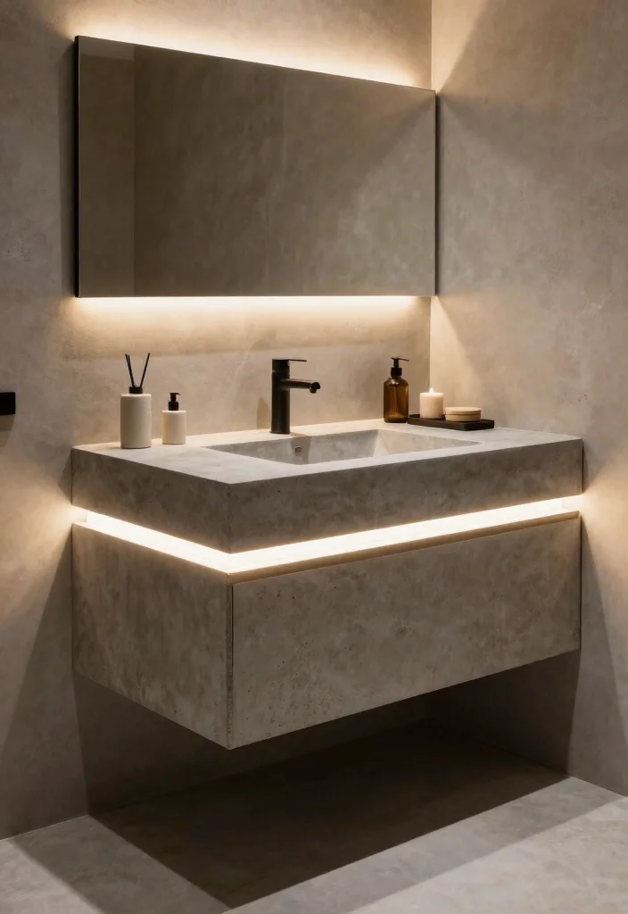 14 Concrete Bathroom Vanity Ideas With Industrial Style - 10. Concrete with Built-In Lighting 1